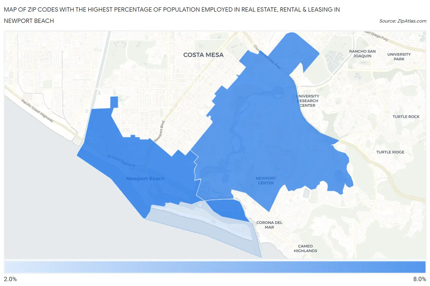 Zip Codes with the Highest Percentage of Population Employed in Real Estate, Rental & Leasing in Newport Beach Map