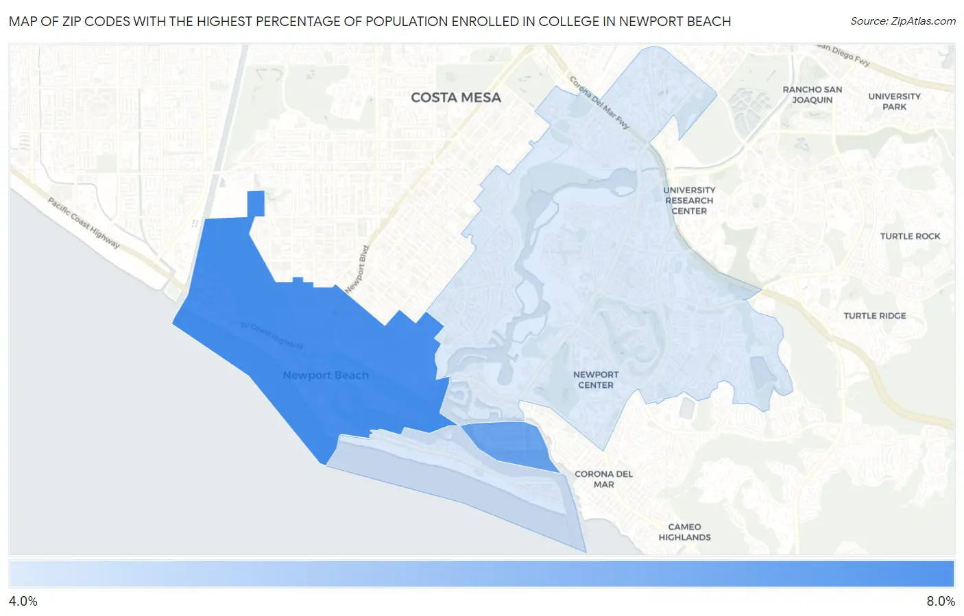 Zip Codes with the Highest Percentage of Population Enrolled in College in Newport Beach Map
