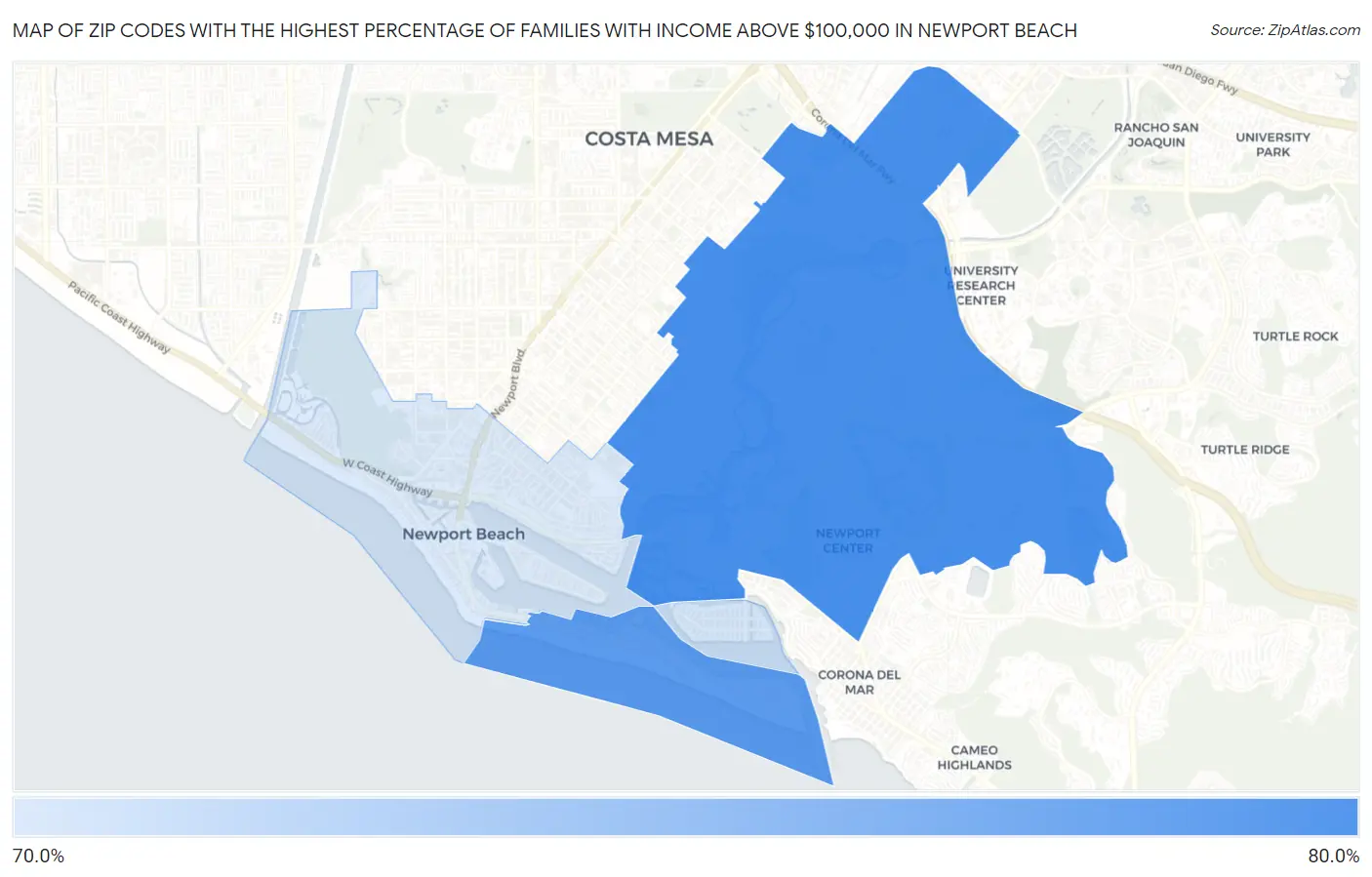 Zip Codes with the Highest Percentage of Families with Income Above $100,000 in Newport Beach Map
