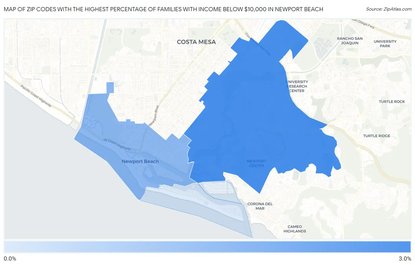 Zip Codes with the Highest Percentage of Families with Income Below $10,000 in Newport Beach Map