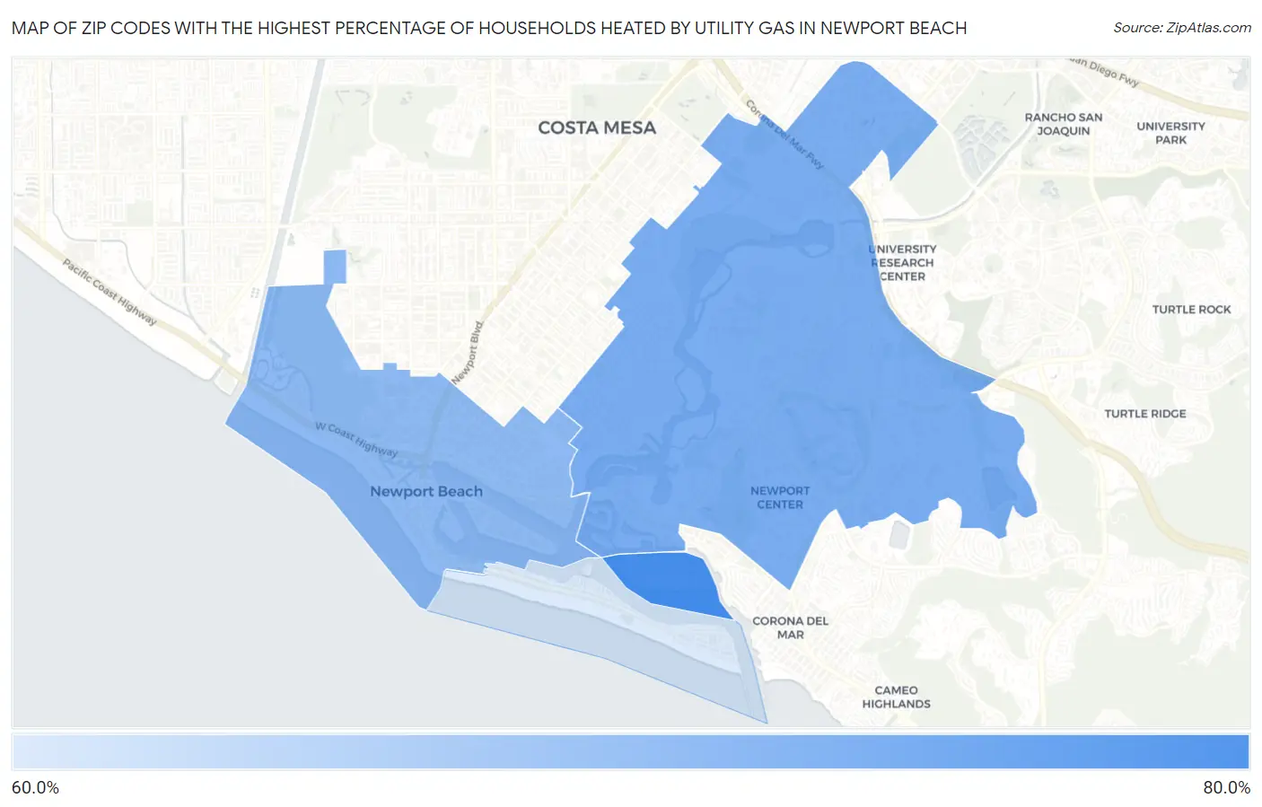 Zip Codes with the Highest Percentage of Households Heated by Utility Gas in Newport Beach Map