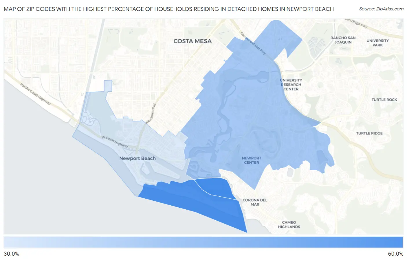 Zip Codes with the Highest Percentage of Households Residing in Detached Homes in Newport Beach Map