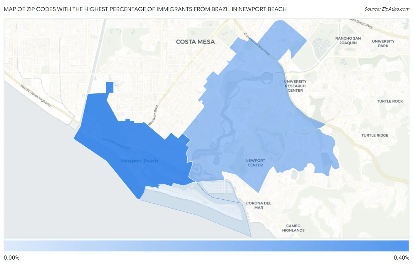 Zip Codes with the Highest Percentage of Immigrants from Brazil in Newport Beach Map