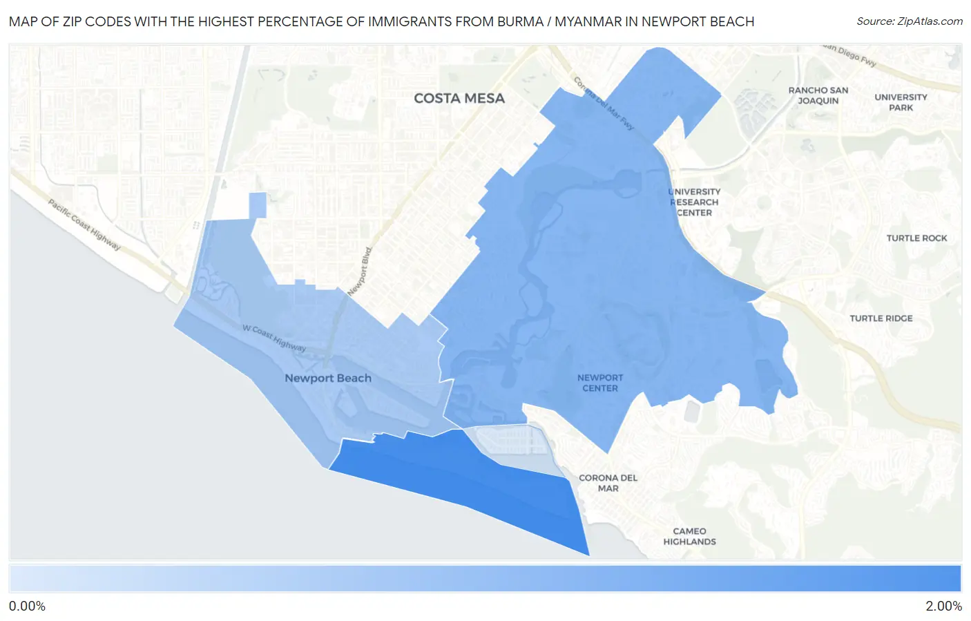 Zip Codes with the Highest Percentage of Immigrants from Burma / Myanmar in Newport Beach Map