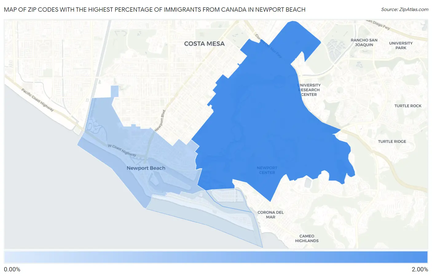 Zip Codes with the Highest Percentage of Immigrants from Canada in Newport Beach Map