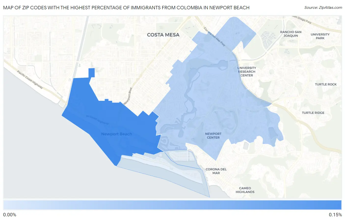 Zip Codes with the Highest Percentage of Immigrants from Colombia in Newport Beach Map