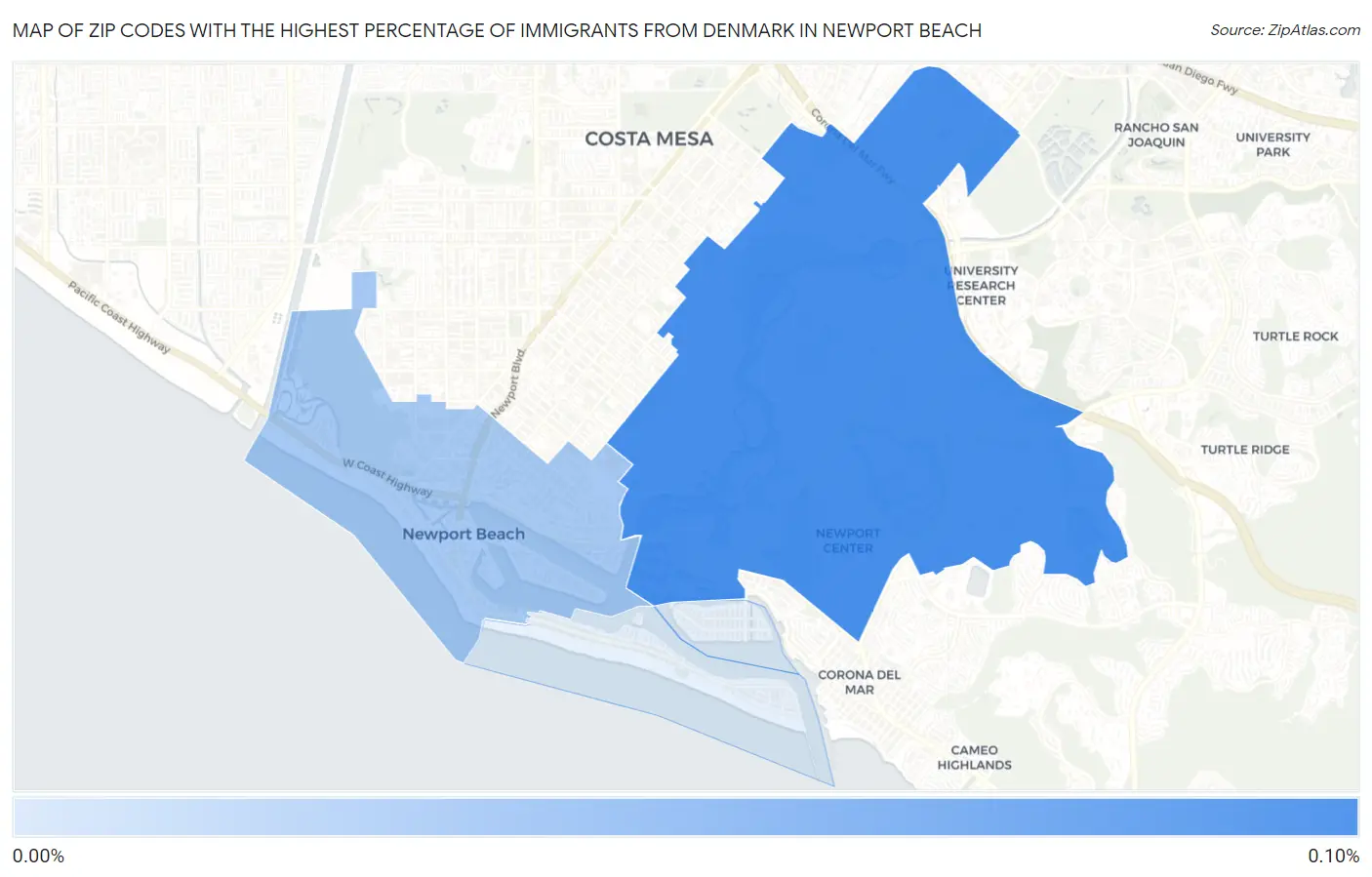 Zip Codes with the Highest Percentage of Immigrants from Denmark in Newport Beach Map