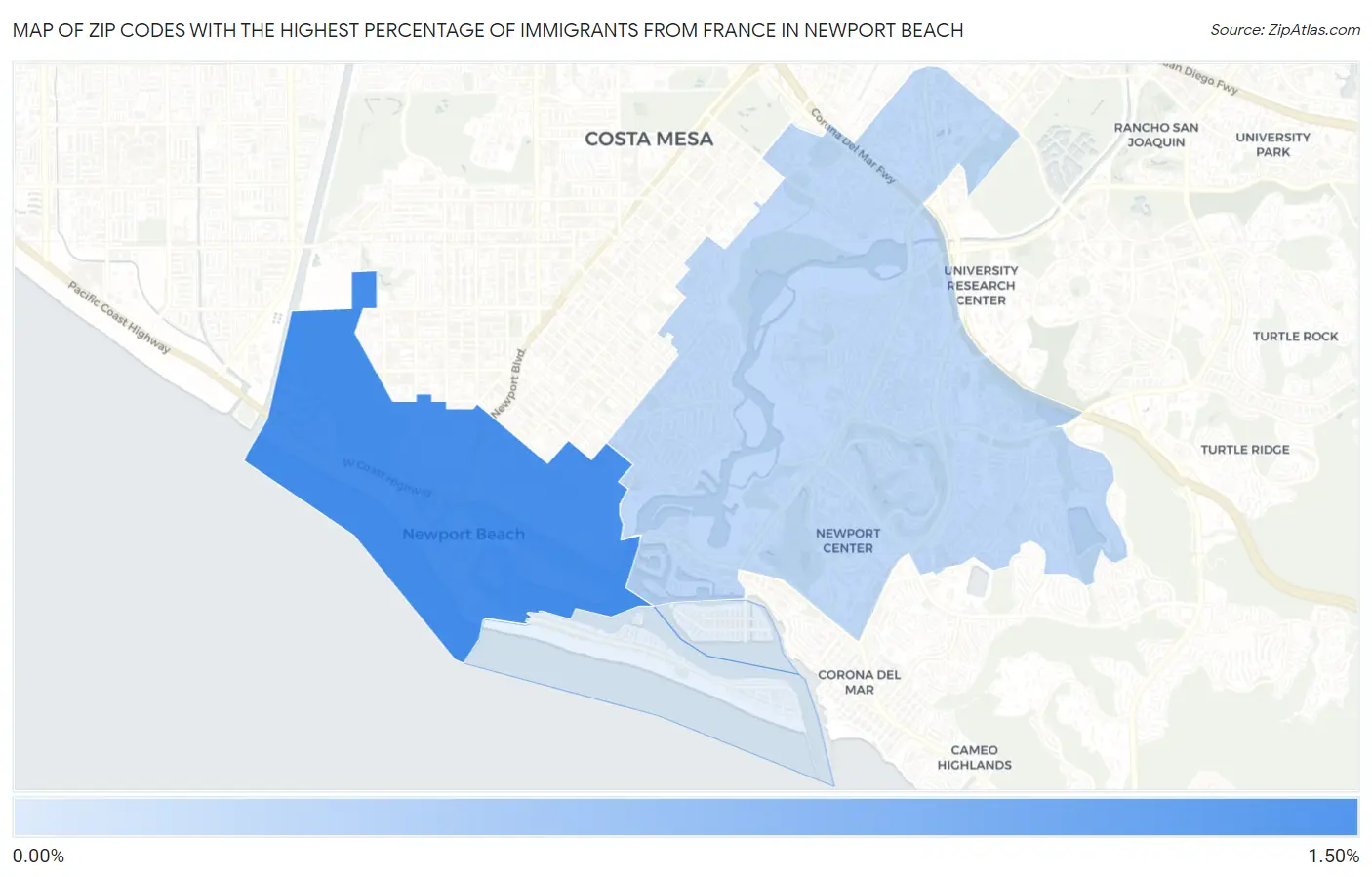 Zip Codes with the Highest Percentage of Immigrants from France in Newport Beach Map