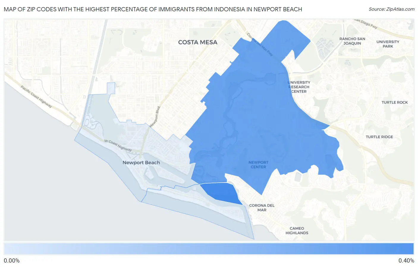 Zip Codes with the Highest Percentage of Immigrants from Indonesia in Newport Beach Map