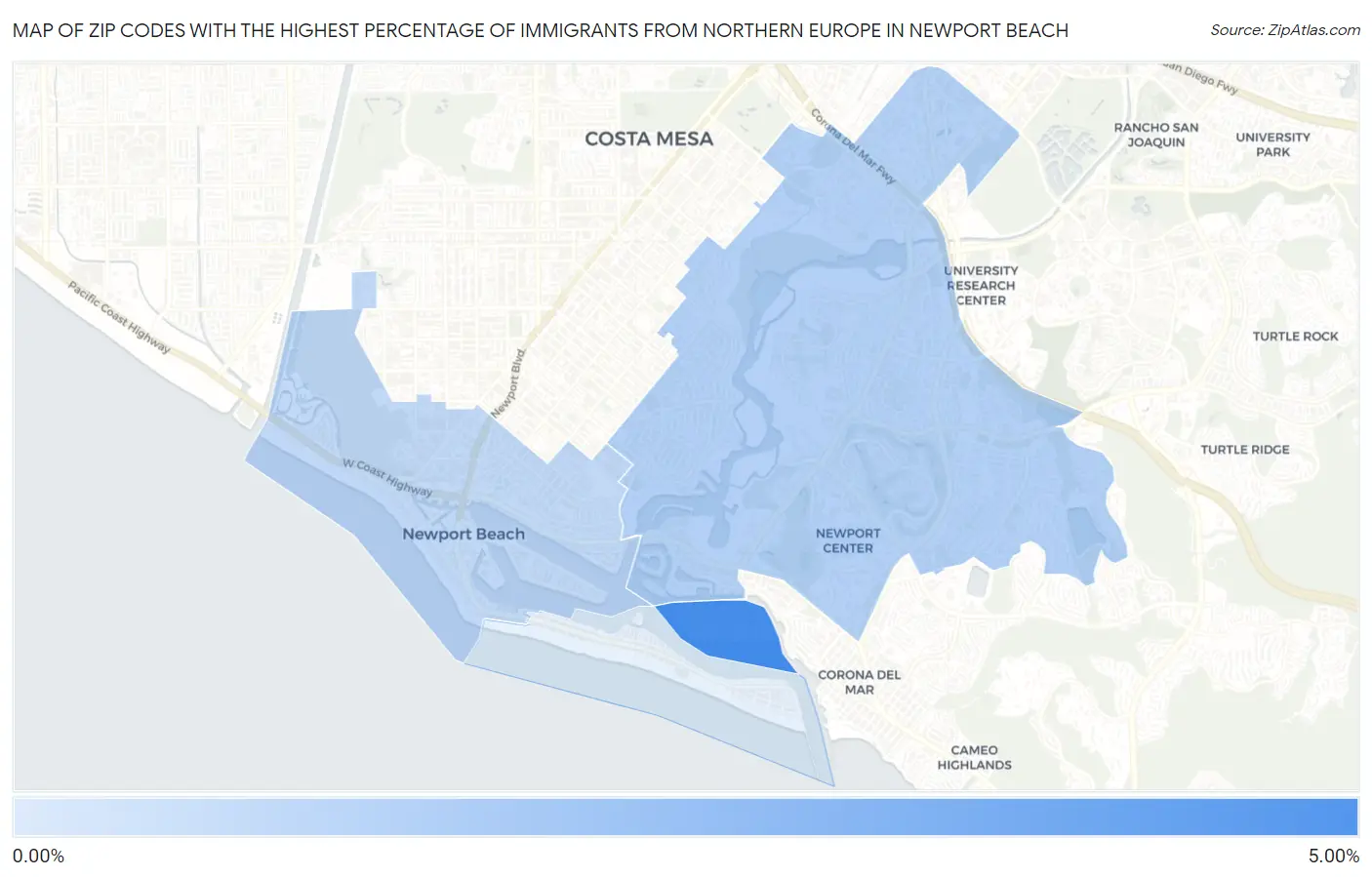 Zip Codes with the Highest Percentage of Immigrants from Northern Europe in Newport Beach Map