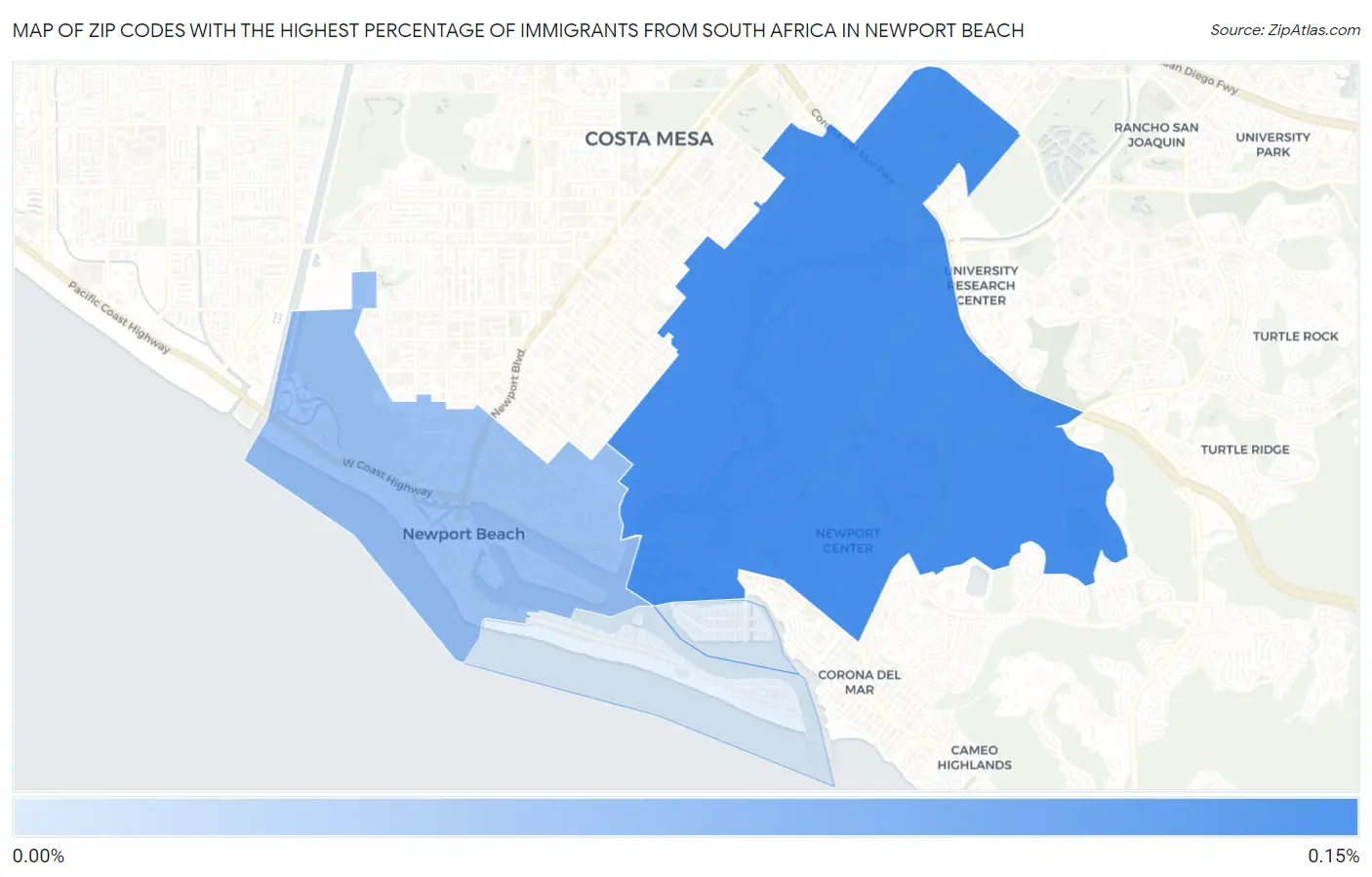 Zip Codes with the Highest Percentage of Immigrants from South Africa in Newport Beach Map