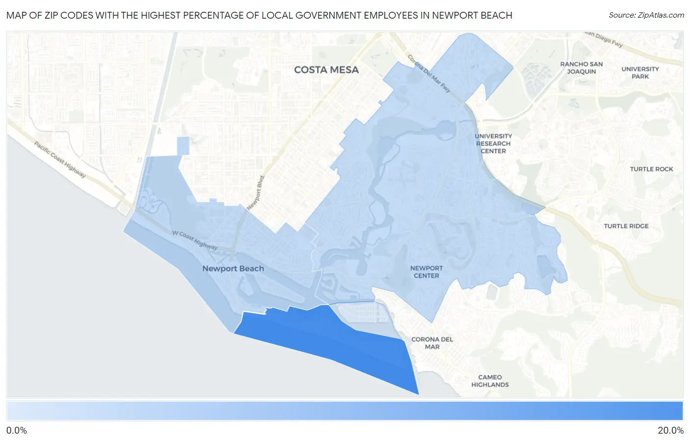 Zip Codes with the Highest Percentage of Local Government Employees in Newport Beach Map
