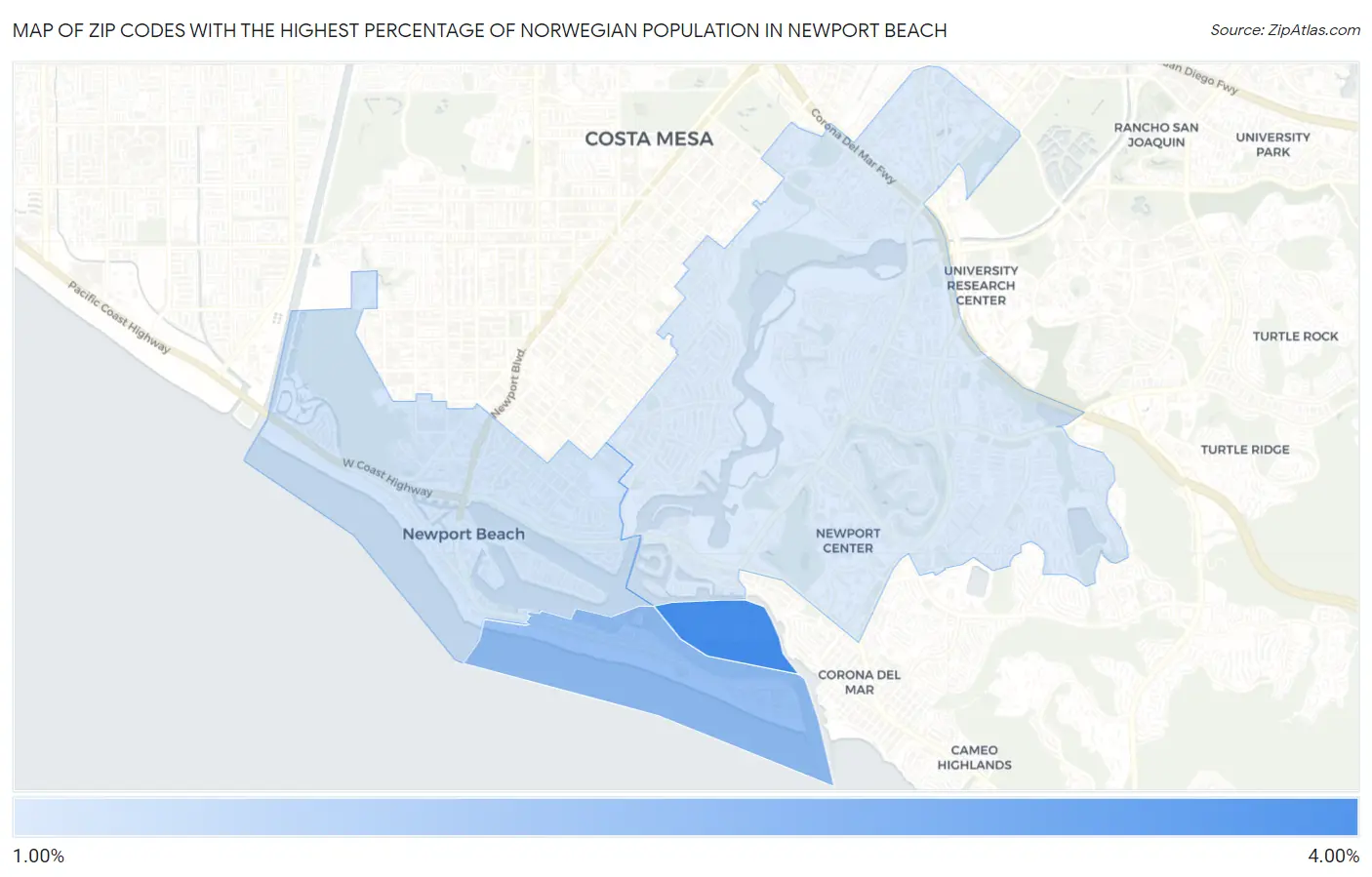 Zip Codes with the Highest Percentage of Norwegian Population in Newport Beach Map