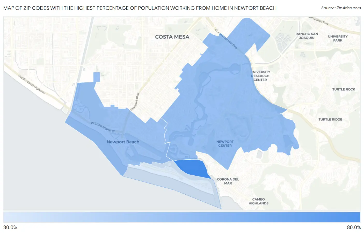 Zip Codes with the Highest Percentage of Population Working from Home in Newport Beach Map