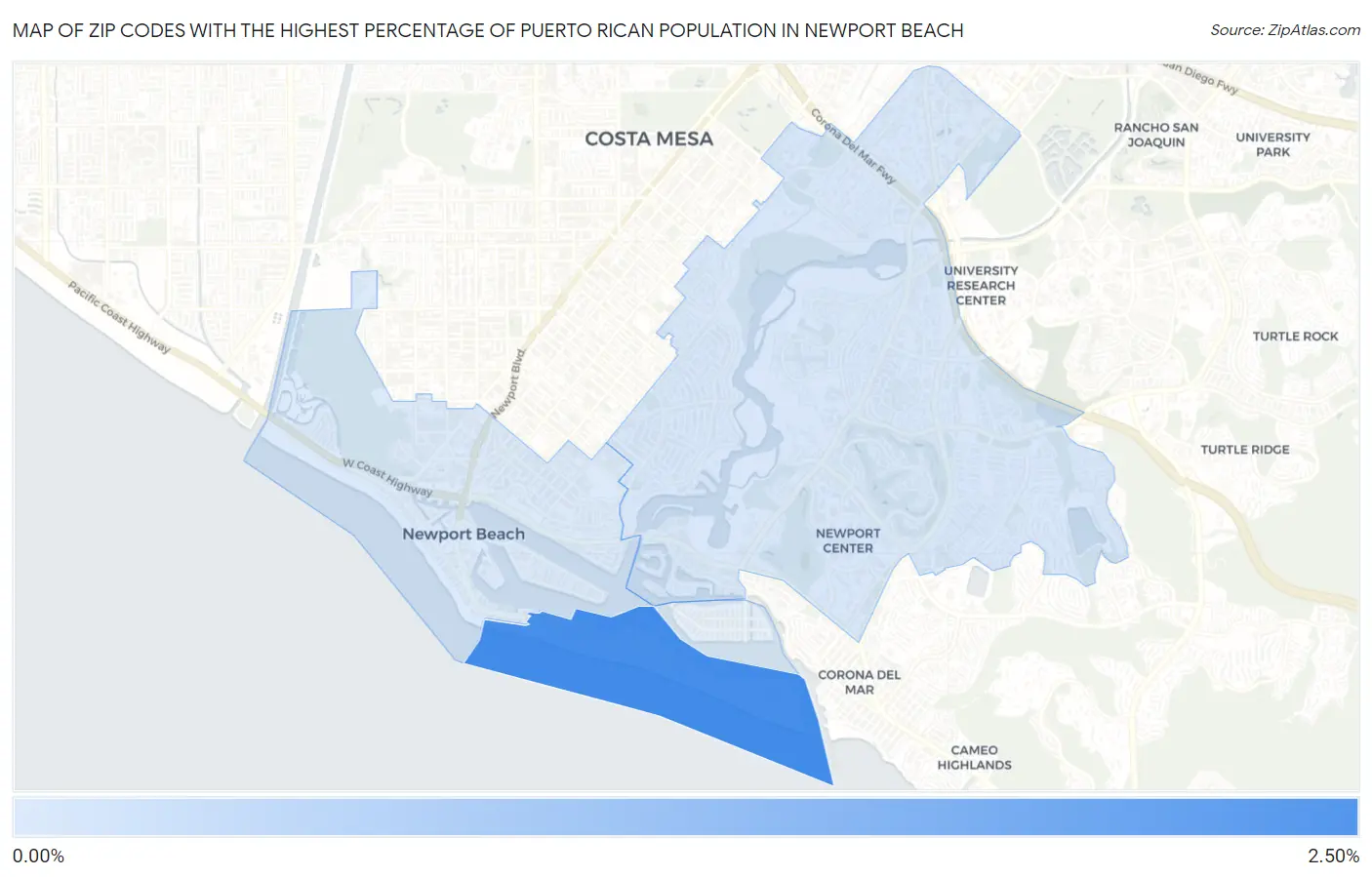 Zip Codes with the Highest Percentage of Puerto Rican Population in Newport Beach Map