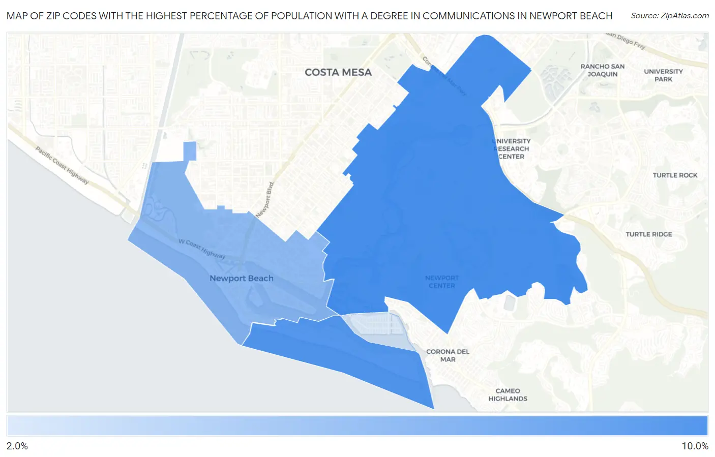 Zip Codes with the Highest Percentage of Population with a Degree in Communications in Newport Beach Map