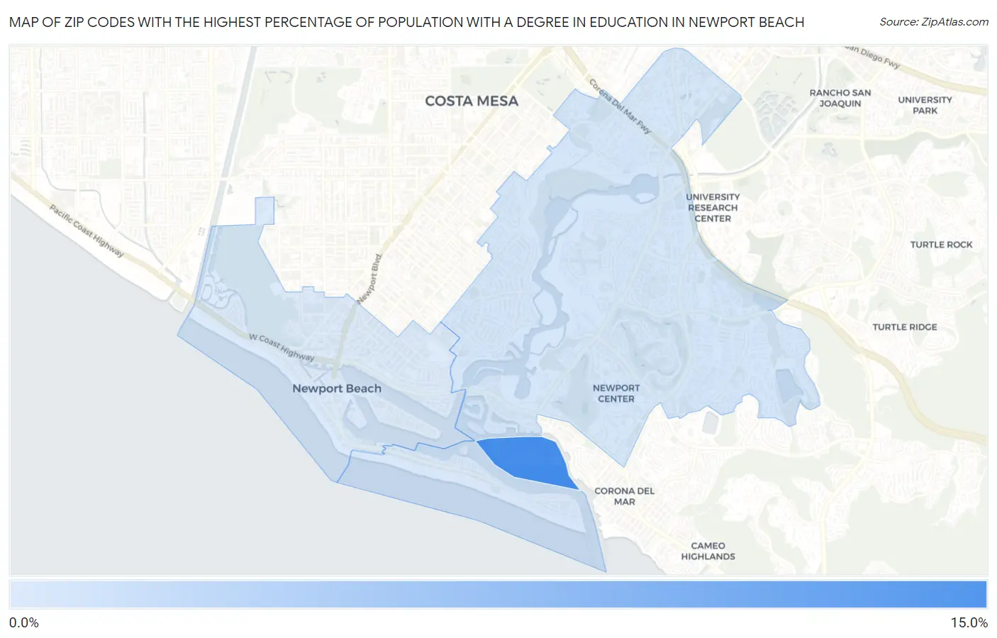 Zip Codes with the Highest Percentage of Population with a Degree in Education in Newport Beach Map