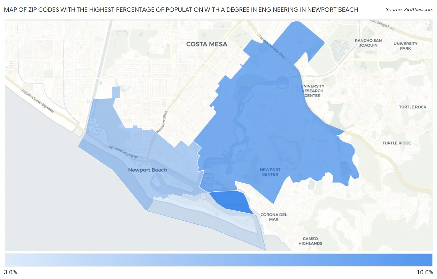 Zip Codes with the Highest Percentage of Population with a Degree in Engineering in Newport Beach Map