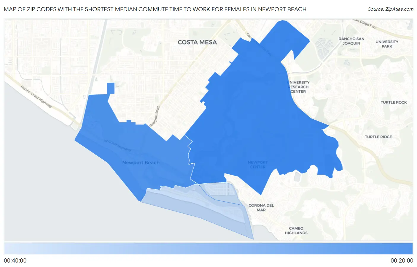 Zip Codes with the Shortest Median Commute Time to Work for Females in Newport Beach Map