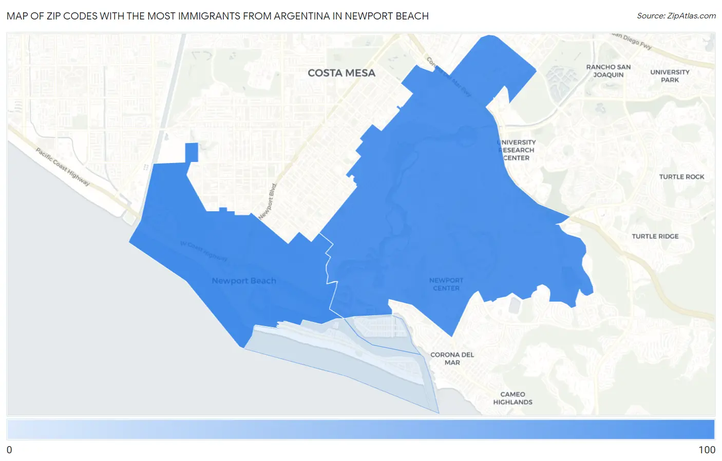 Zip Codes with the Most Immigrants from Argentina in Newport Beach Map
