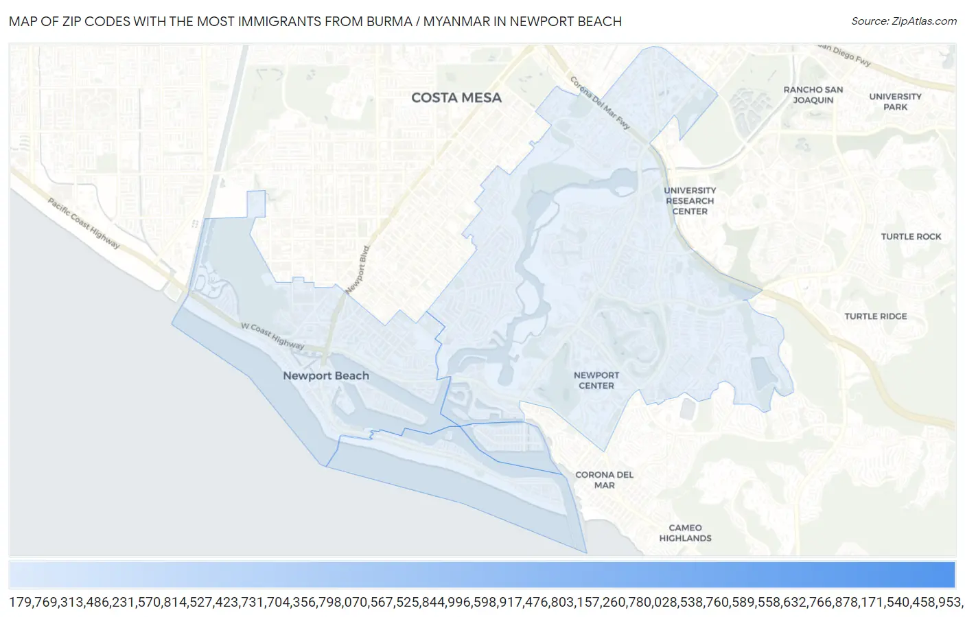 Zip Codes with the Most Immigrants from Burma / Myanmar in Newport Beach Map