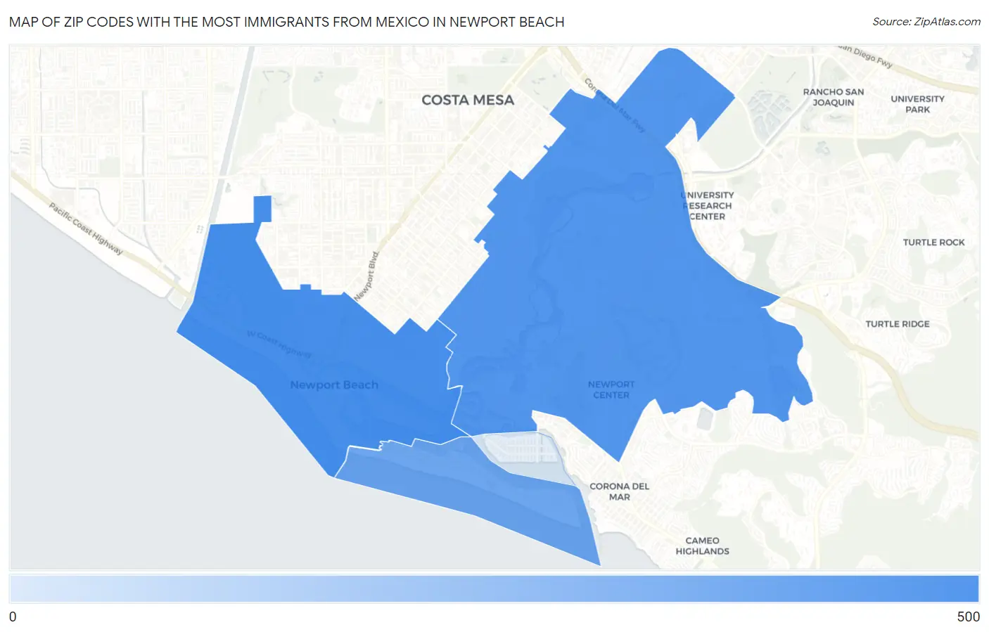 Zip Codes with the Most Immigrants from Mexico in Newport Beach Map