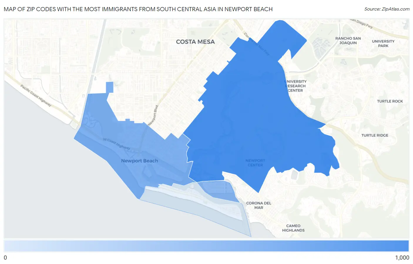 Zip Codes with the Most Immigrants from South Central Asia in Newport Beach Map