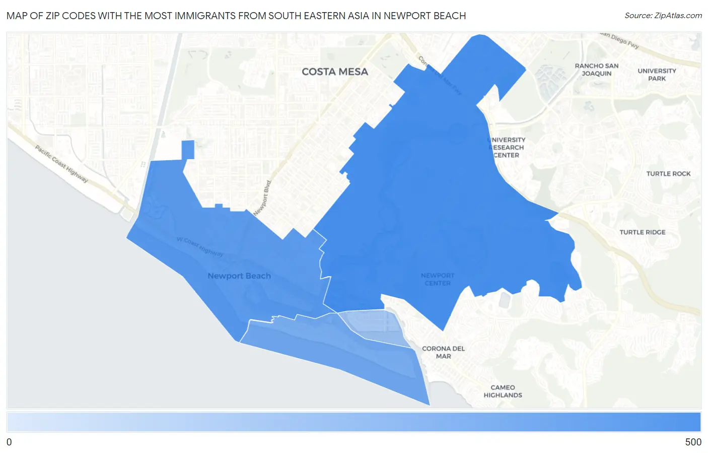 Zip Codes with the Most Immigrants from South Eastern Asia in Newport Beach Map