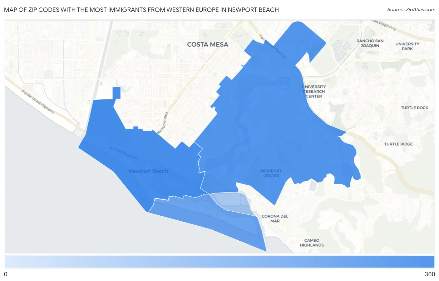 Zip Codes with the Most Immigrants from Western Europe in Newport Beach Map