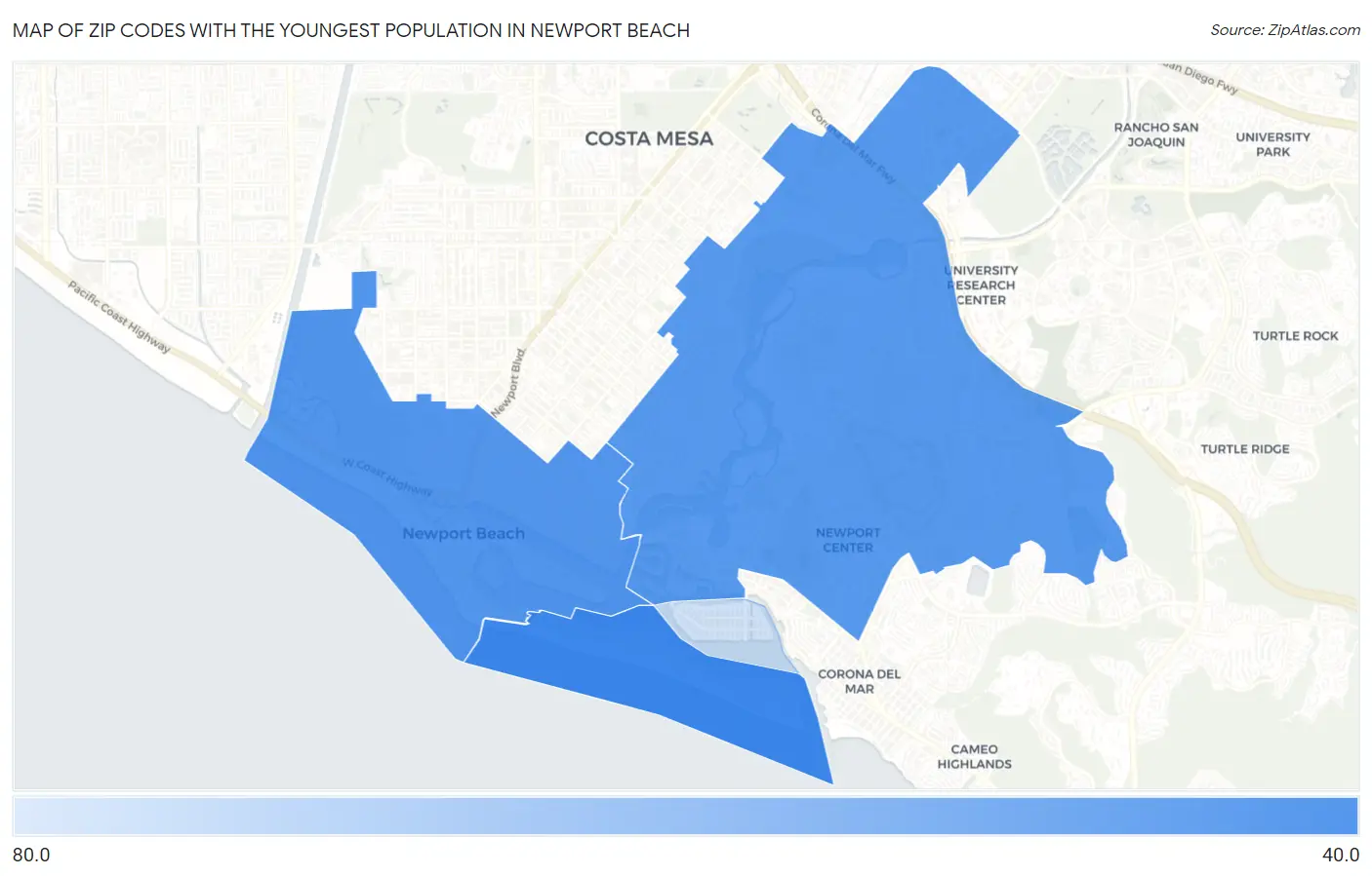 Zip Codes with the Youngest Population in Newport Beach Map