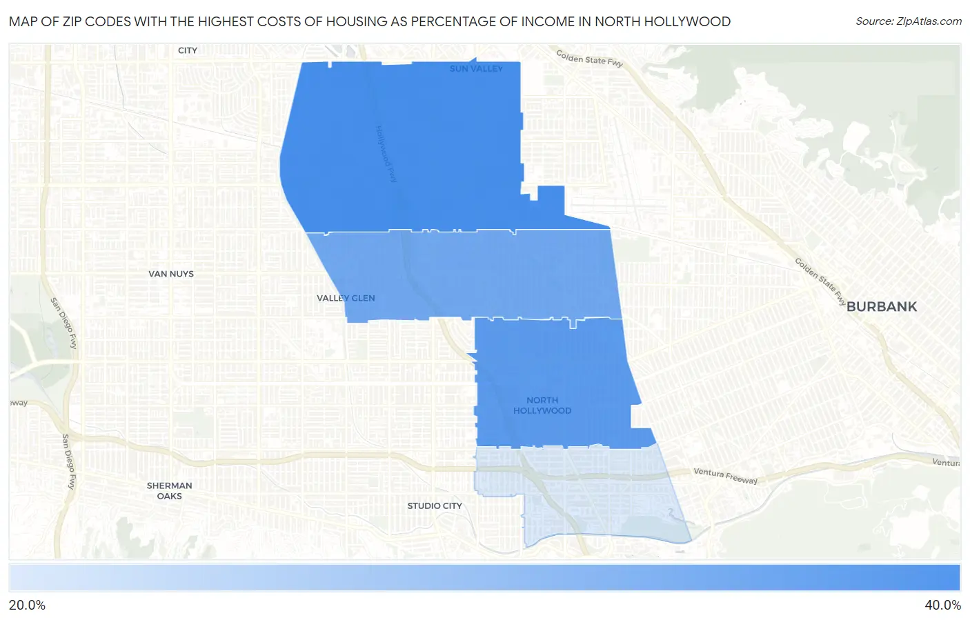 Zip Codes with the Highest Costs of Housing as Percentage of Income in North Hollywood Map