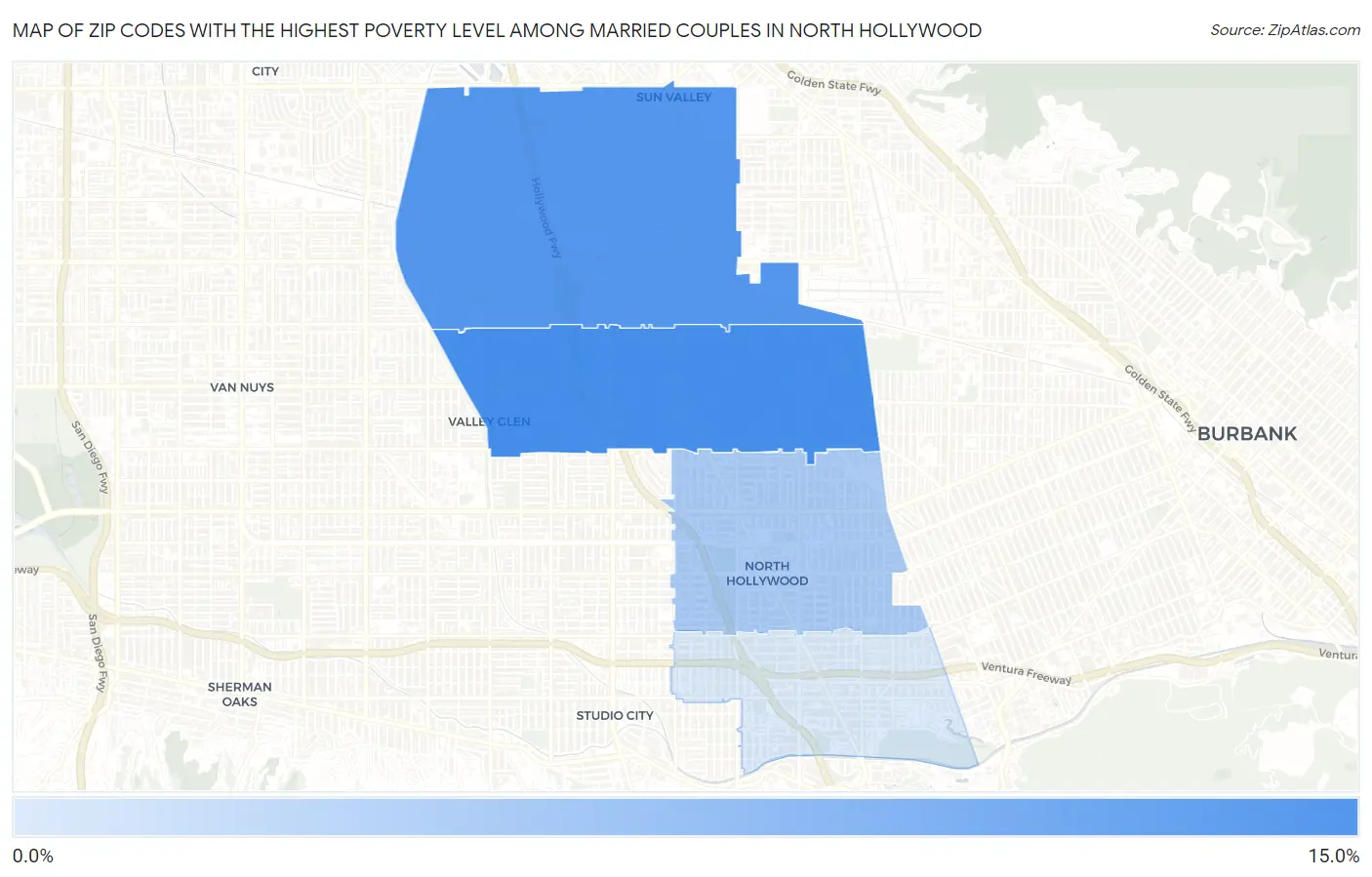 Zip Codes with the Highest Poverty Level Among Married Couples in North Hollywood Map