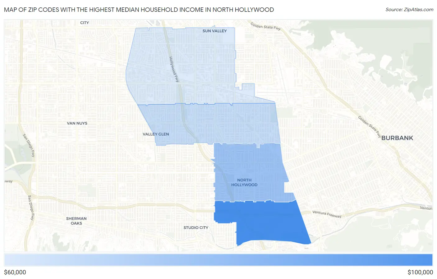 Zip Codes with the Highest Median Household Income in North Hollywood Map