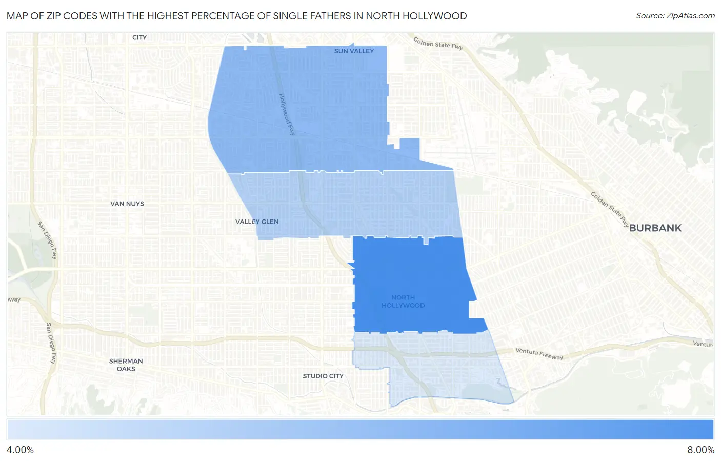 Zip Codes with the Highest Percentage of Single Fathers in North Hollywood Map