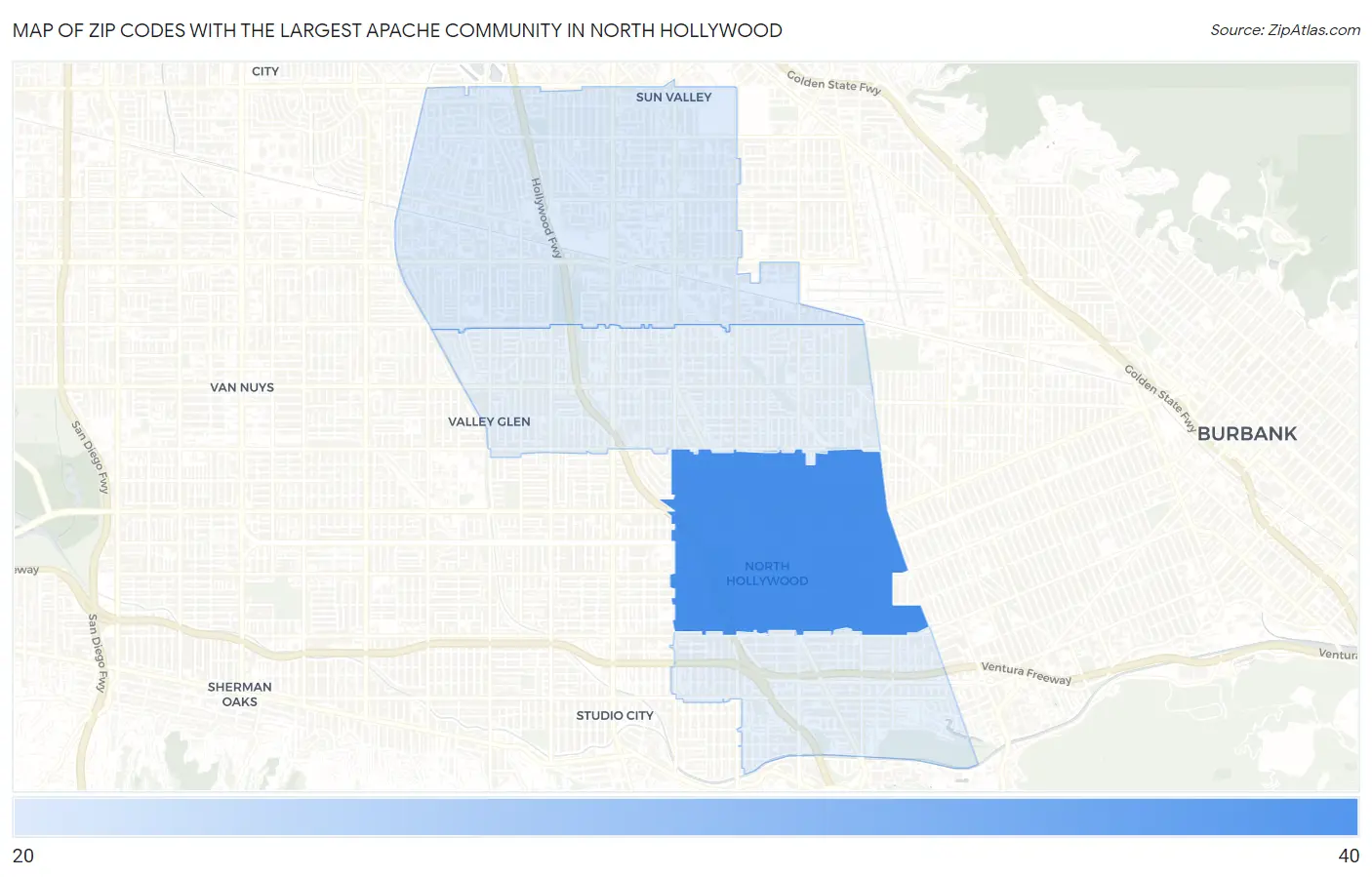 Zip Codes with the Largest Apache Community in North Hollywood Map