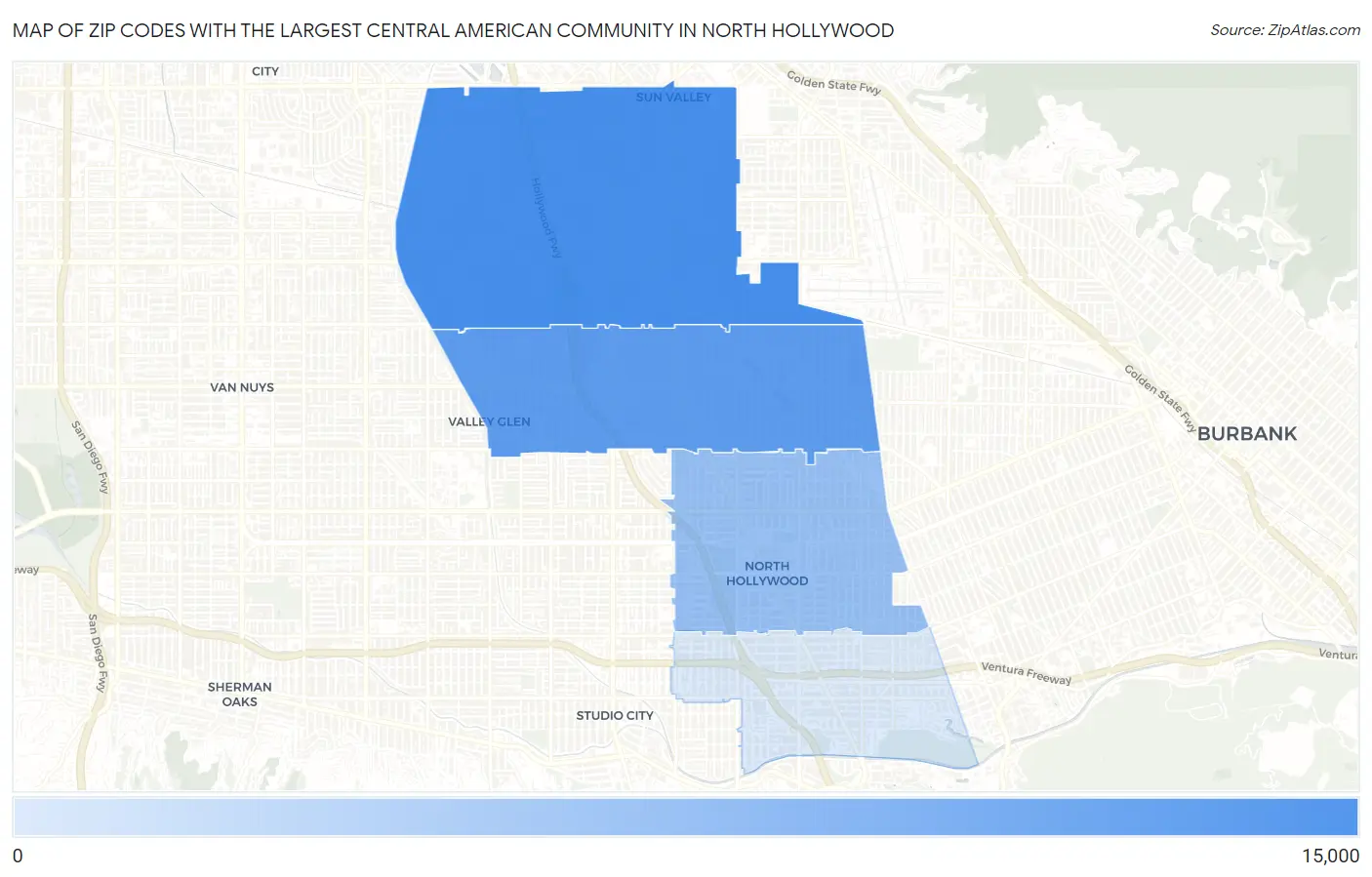 Zip Codes with the Largest Central American Community in North Hollywood Map