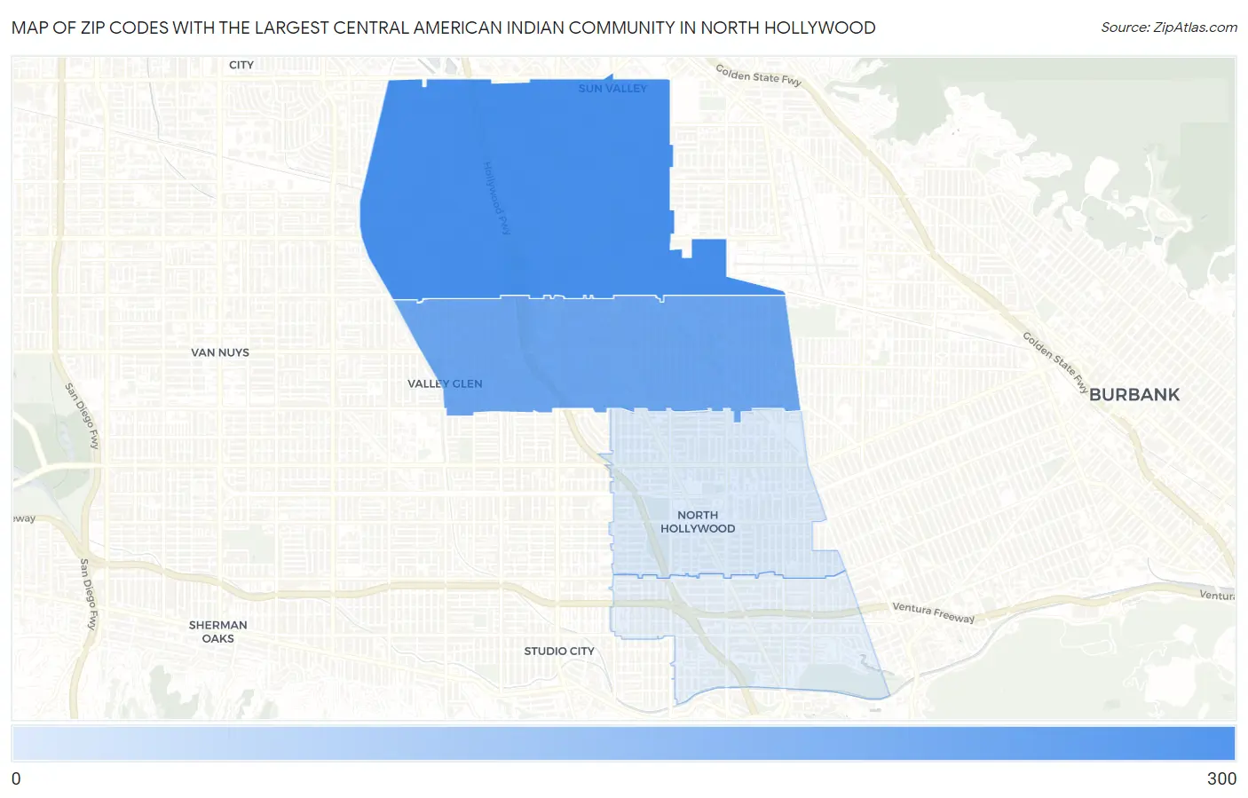 Zip Codes with the Largest Central American Indian Community in North Hollywood Map