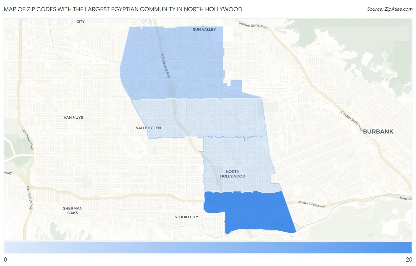 Zip Codes with the Largest Egyptian Community in North Hollywood Map