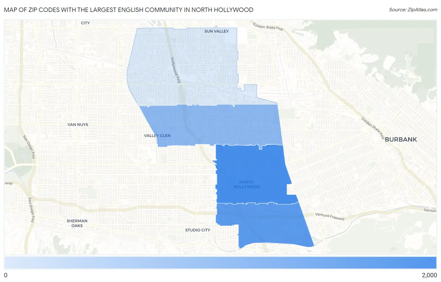 Zip Codes with the Largest English Community in North Hollywood Map