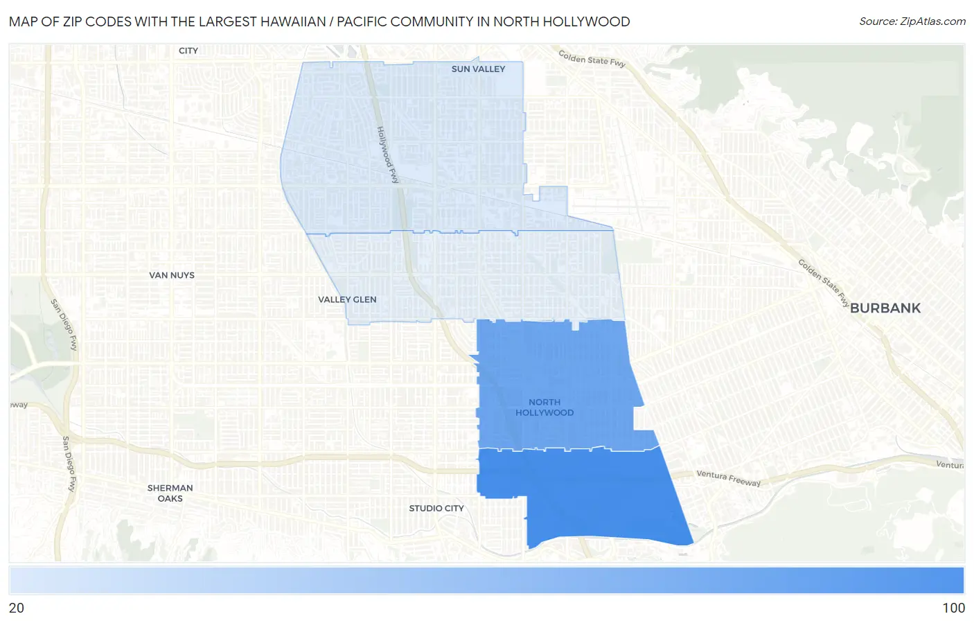Zip Codes with the Largest Hawaiian / Pacific Community in North Hollywood Map