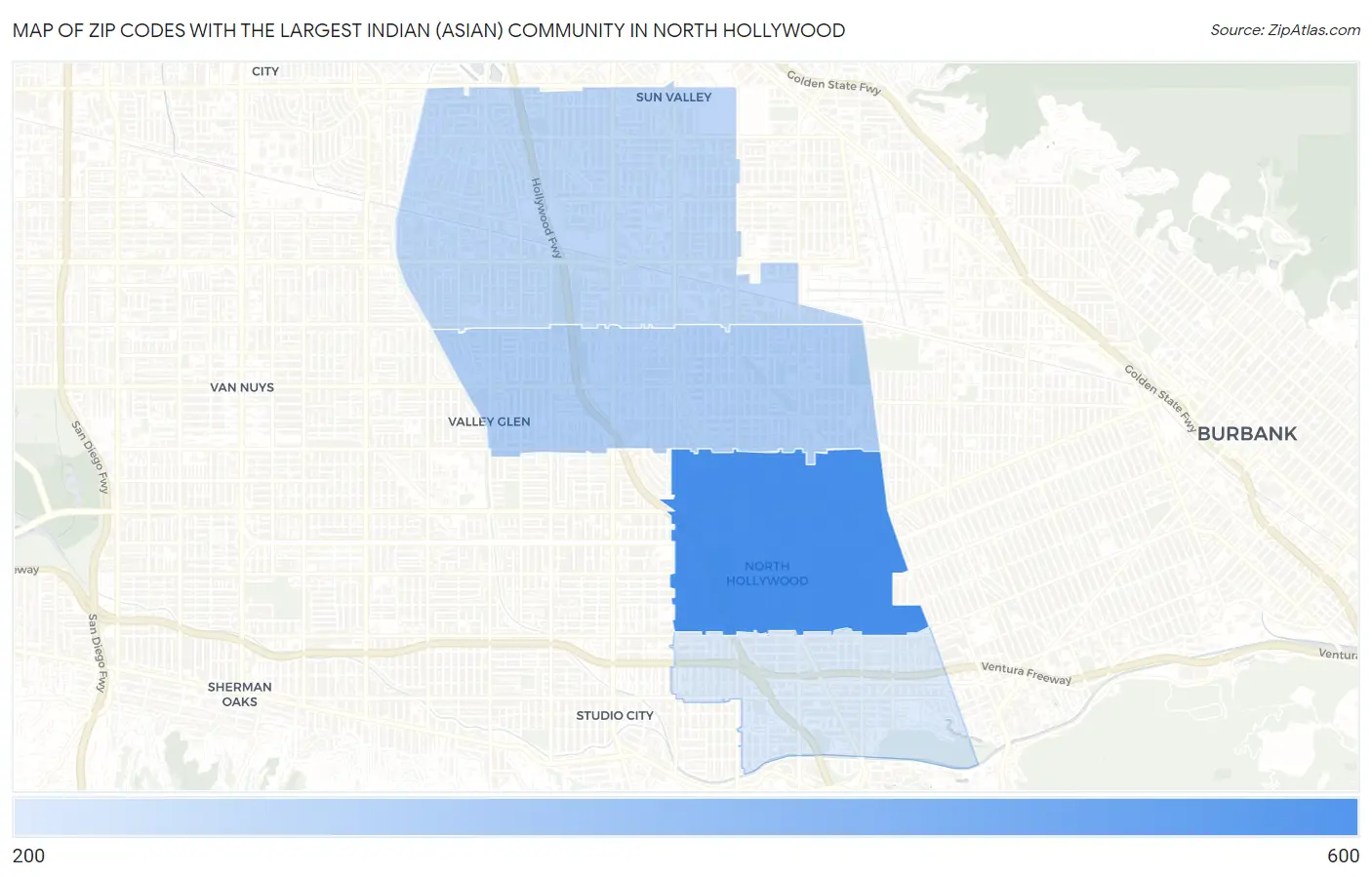 Zip Codes with the Largest Indian (Asian) Community in North Hollywood Map