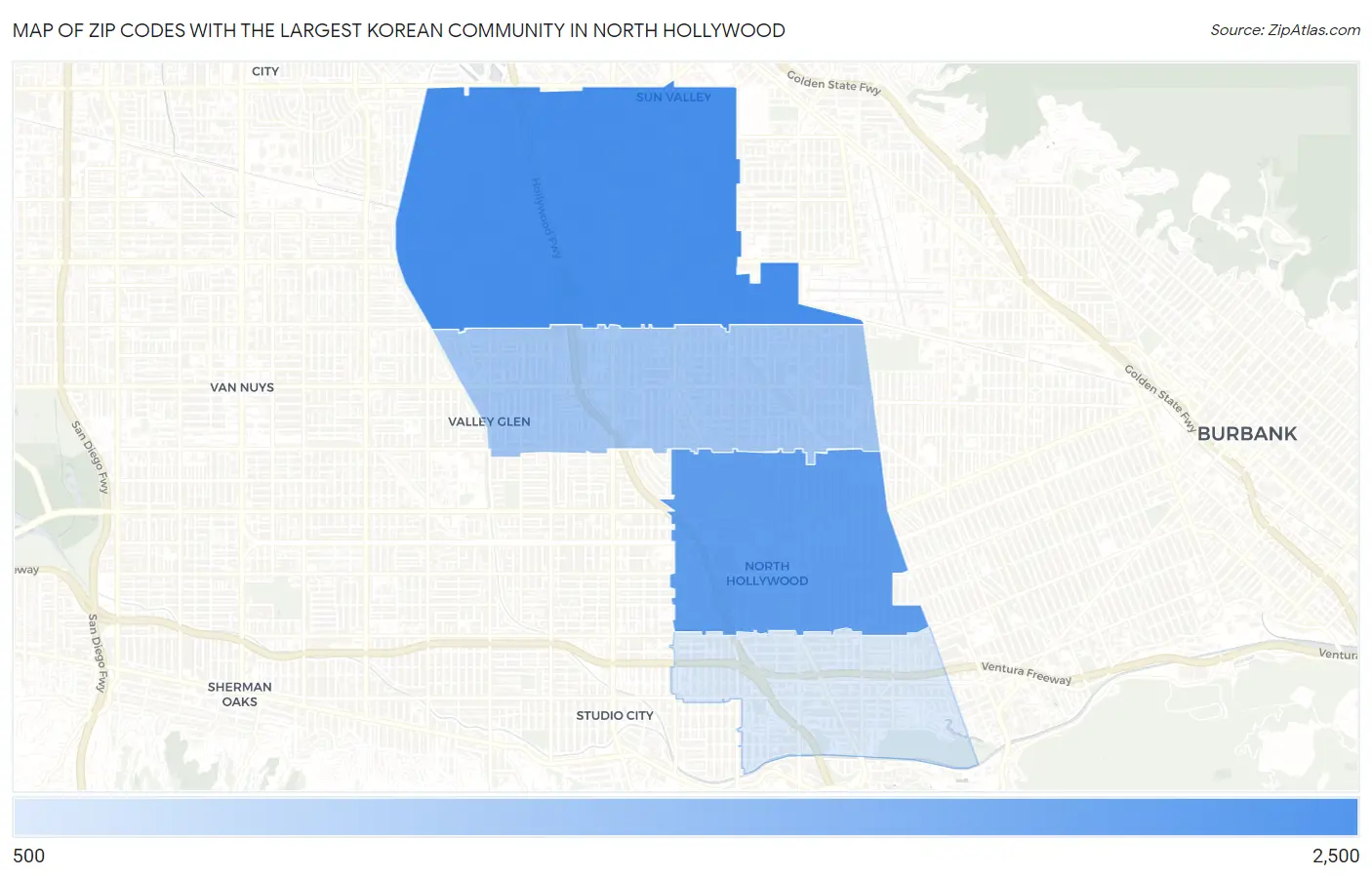 Zip Codes with the Largest Korean Community in North Hollywood Map