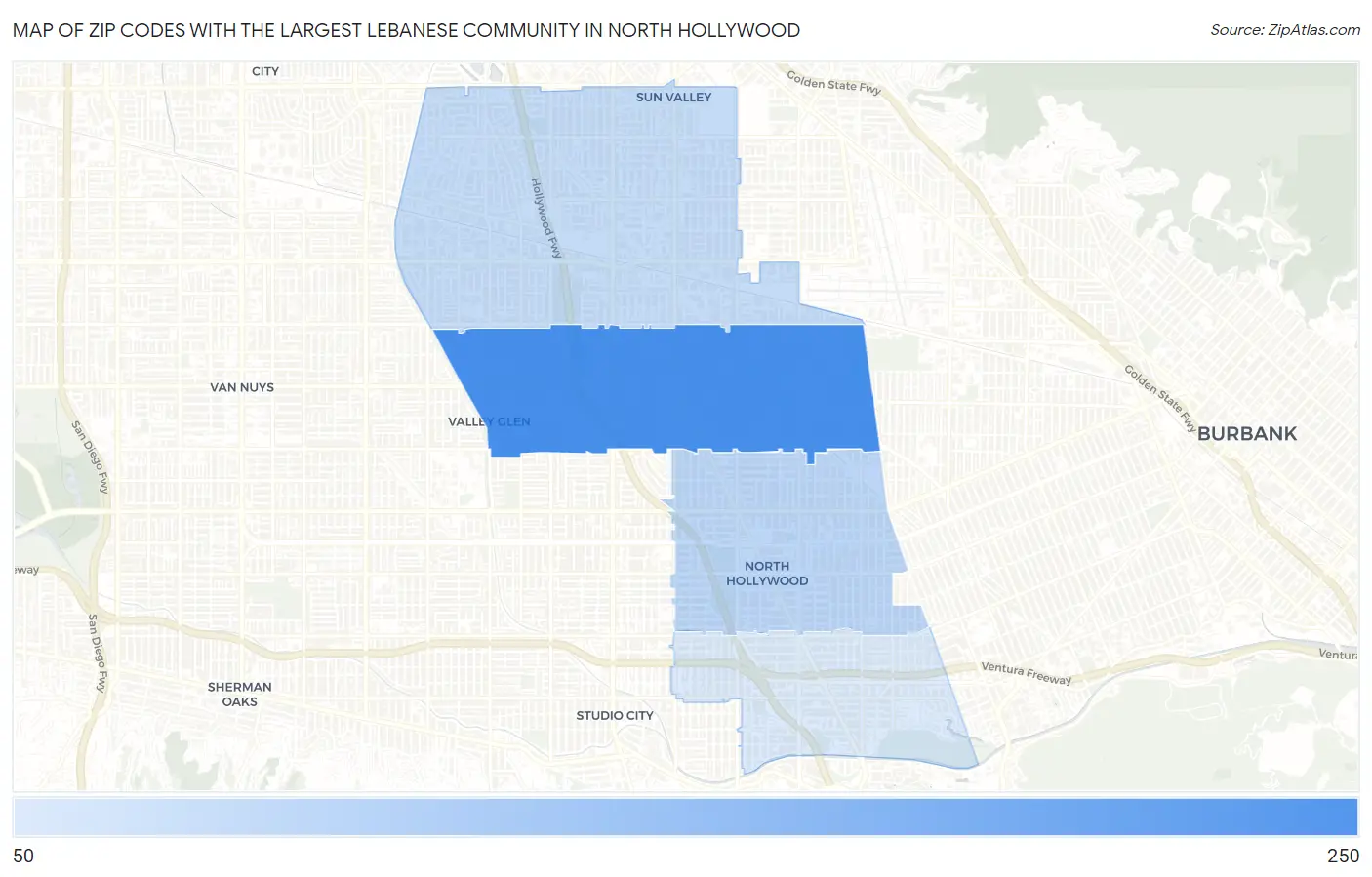 Zip Codes with the Largest Lebanese Community in North Hollywood Map