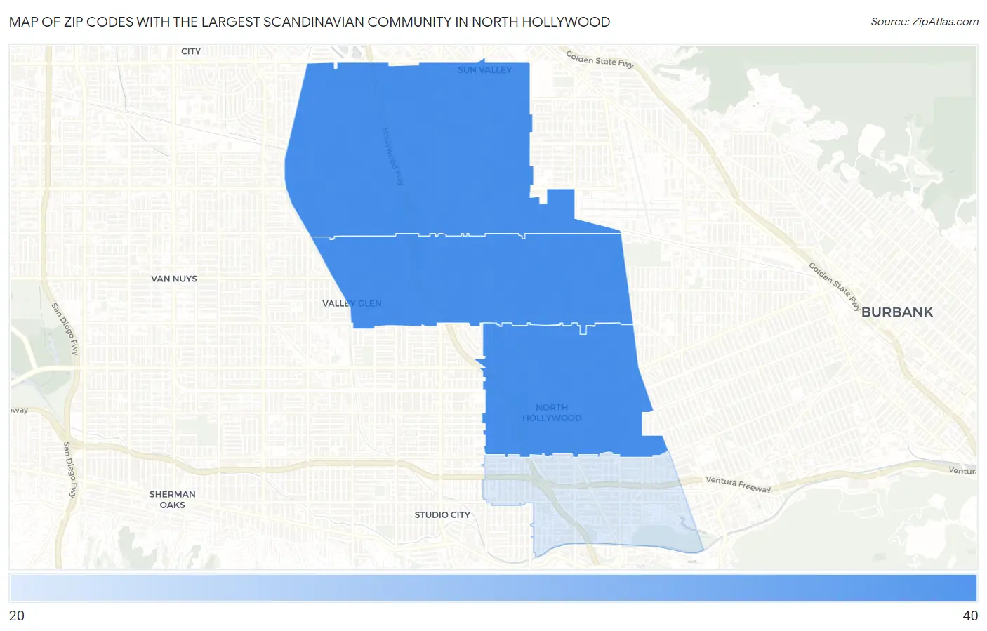 Zip Codes with the Largest Scandinavian Community in North Hollywood Map