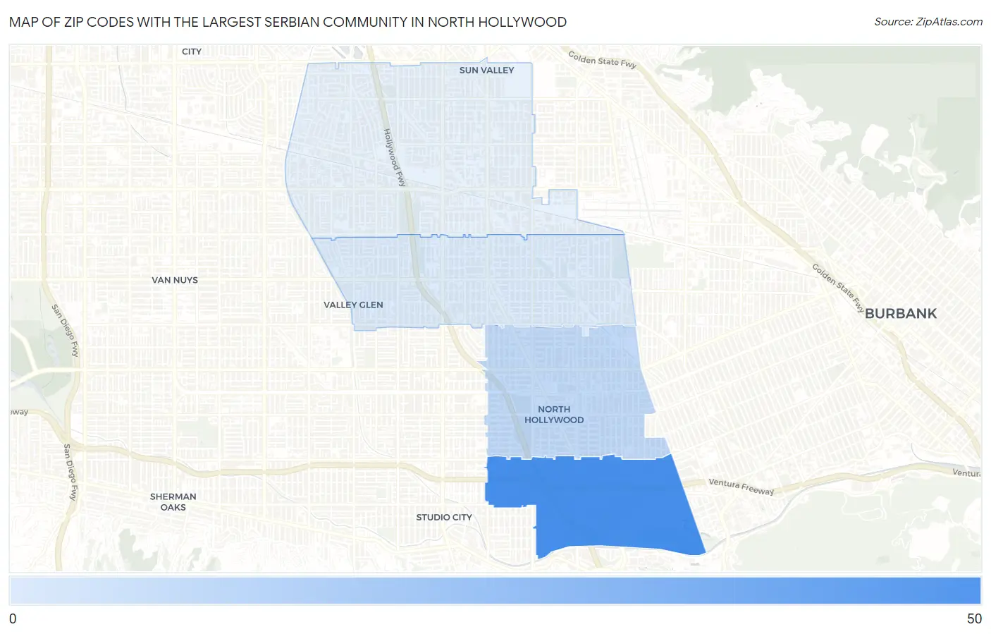 Zip Codes with the Largest Serbian Community in North Hollywood Map