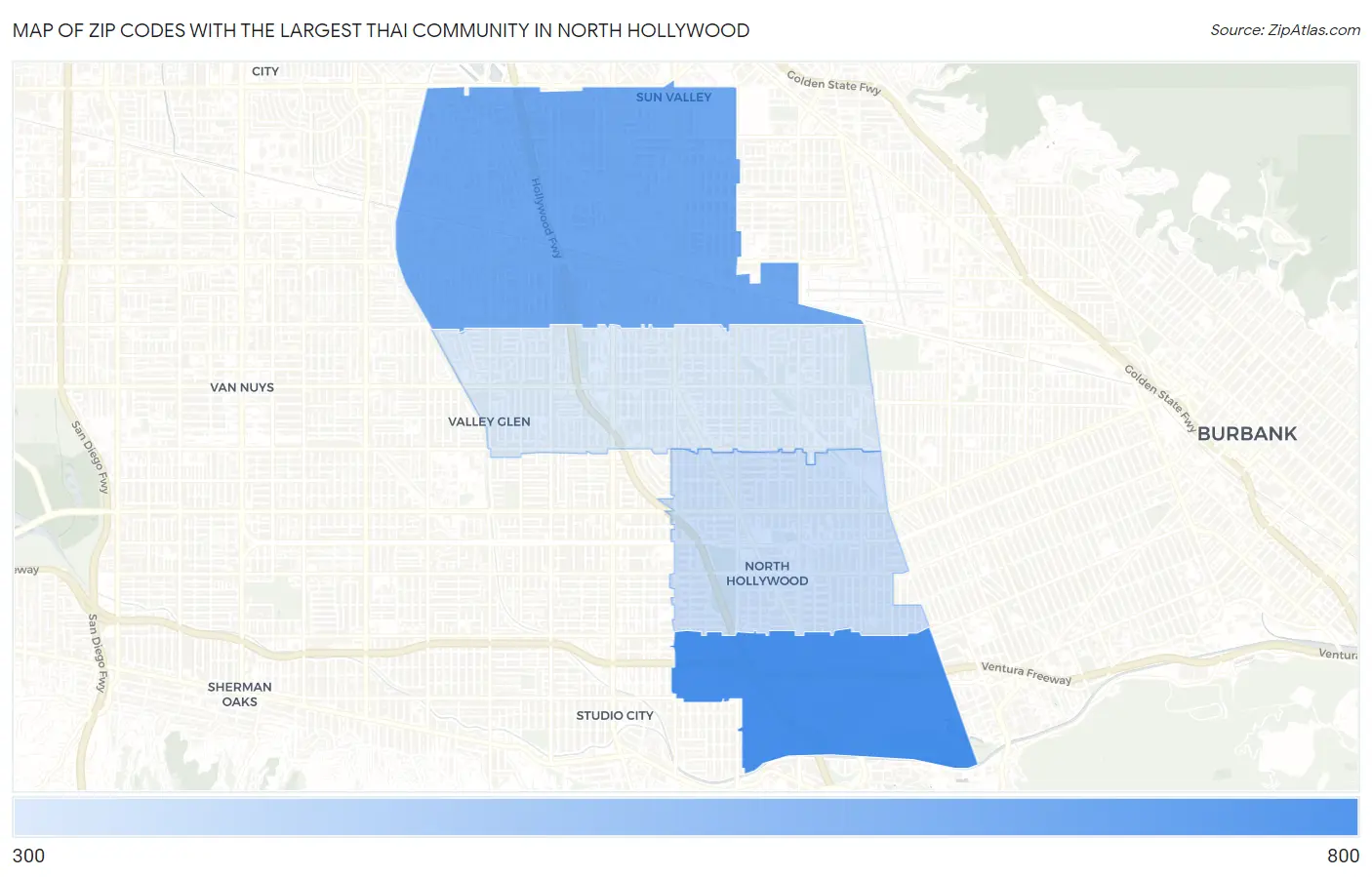Zip Codes with the Largest Thai Community in North Hollywood Map