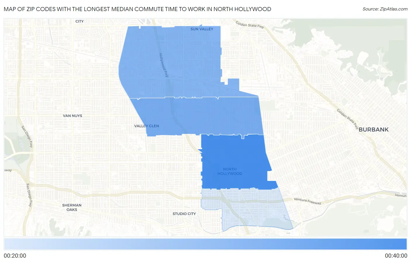 Zip Codes with the Longest Median Commute Time to Work in North Hollywood Map
