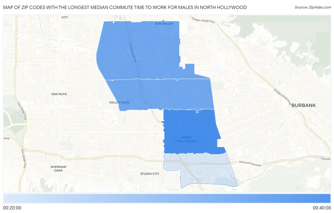 Zip Codes with the Longest Median Commute Time to Work for Males in North Hollywood Map
