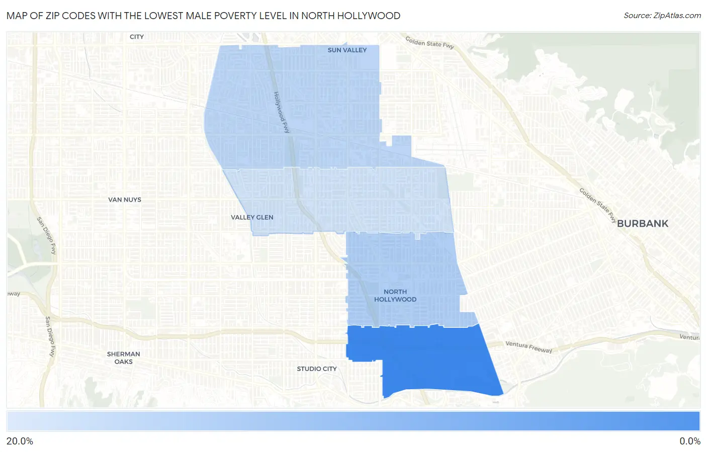 Zip Codes with the Lowest Male Poverty Level in North Hollywood Map