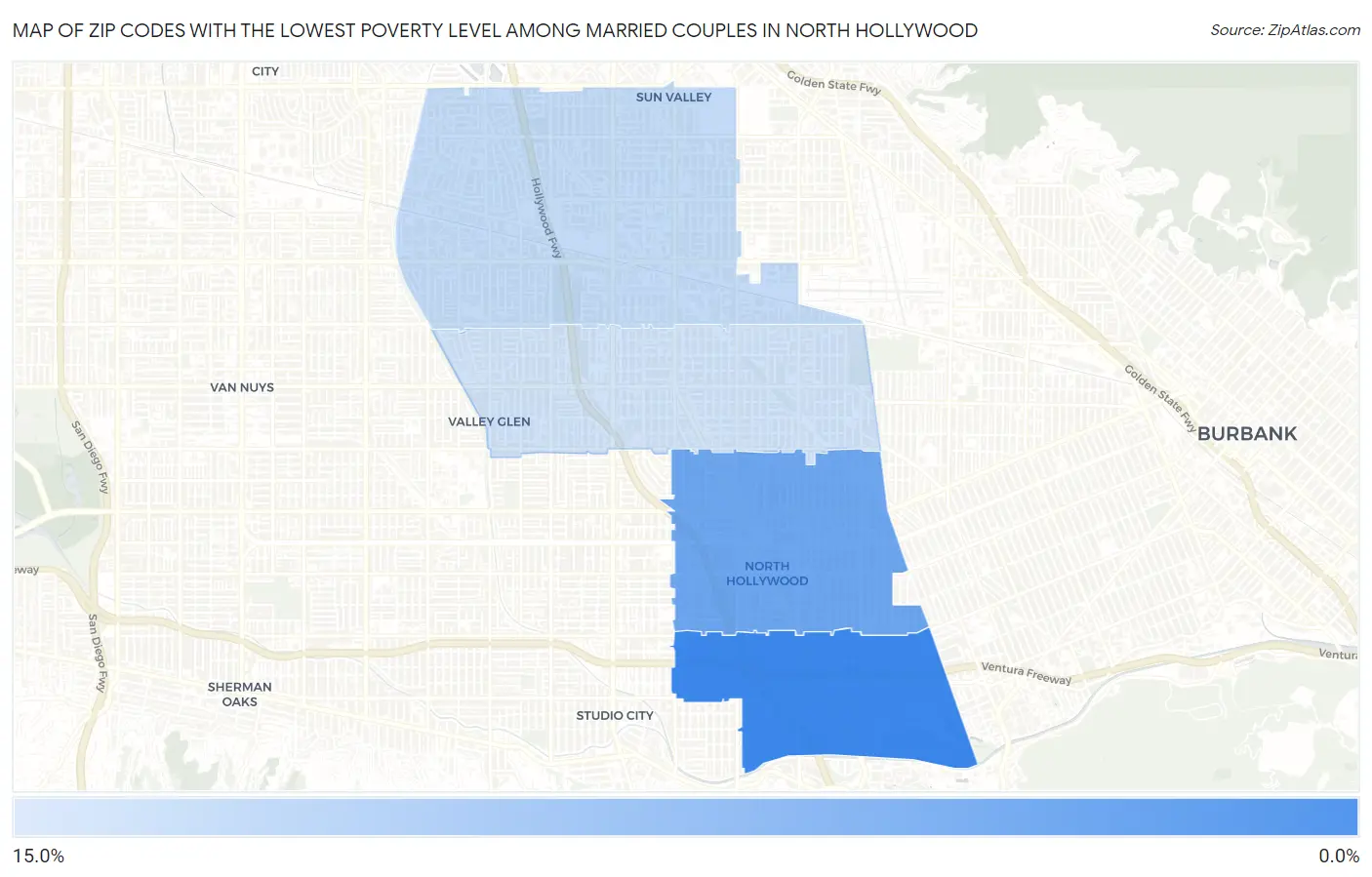Zip Codes with the Lowest Poverty Level Among Married Couples in North Hollywood Map